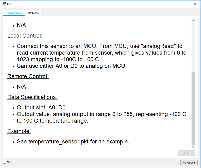 Specifications page for the Temperature Sensor