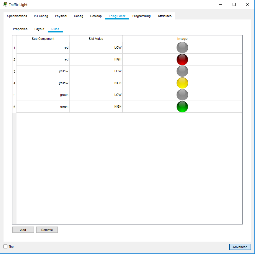 Traffic Light in Thing Editor, Rules Tab