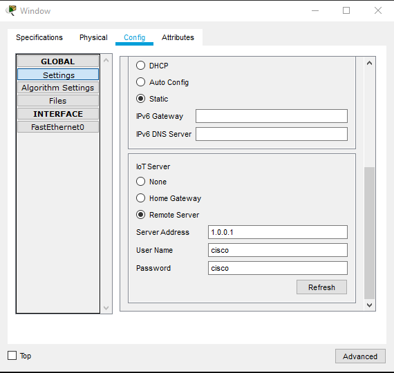 Setting the IoE Server in Thing device's Config tab Settings page