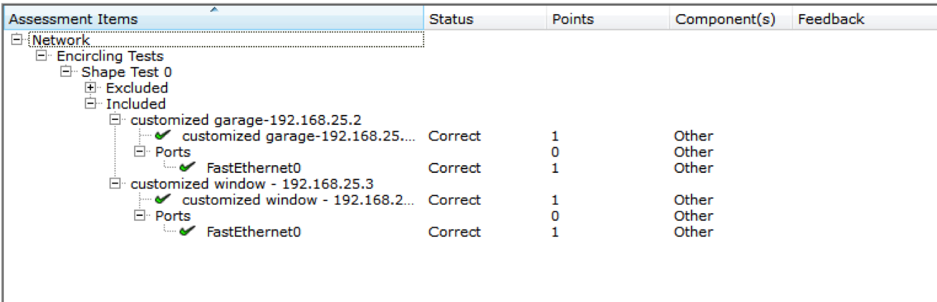 Screenshot of Packet Tracer check answer assessment items tree. Check marks are green for select items.