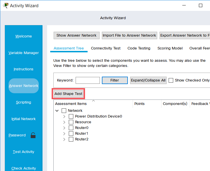 Screenshot of Packet Tracer Activity Wizard Answer Network Assessment Tree tab. The assessment tree contains top level network, second level resource, router 0, router 1, router 2.