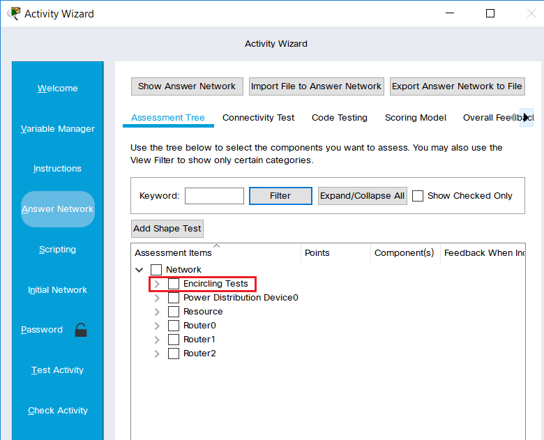 Screenshot of Packet Tracer Activity Wizard Answer Network Assessment Tree tab. The assessment tree contains top level network, second level encircling tests, resource, router 0, router 1, router 2.