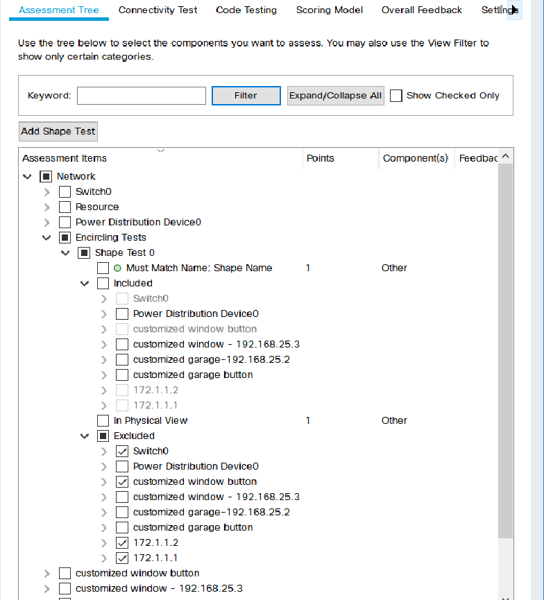 Screenshot of Packet Tracer Activity Wizard Answer Network Assessment Tree tab. The assessment tree has checks on selected assessment items.