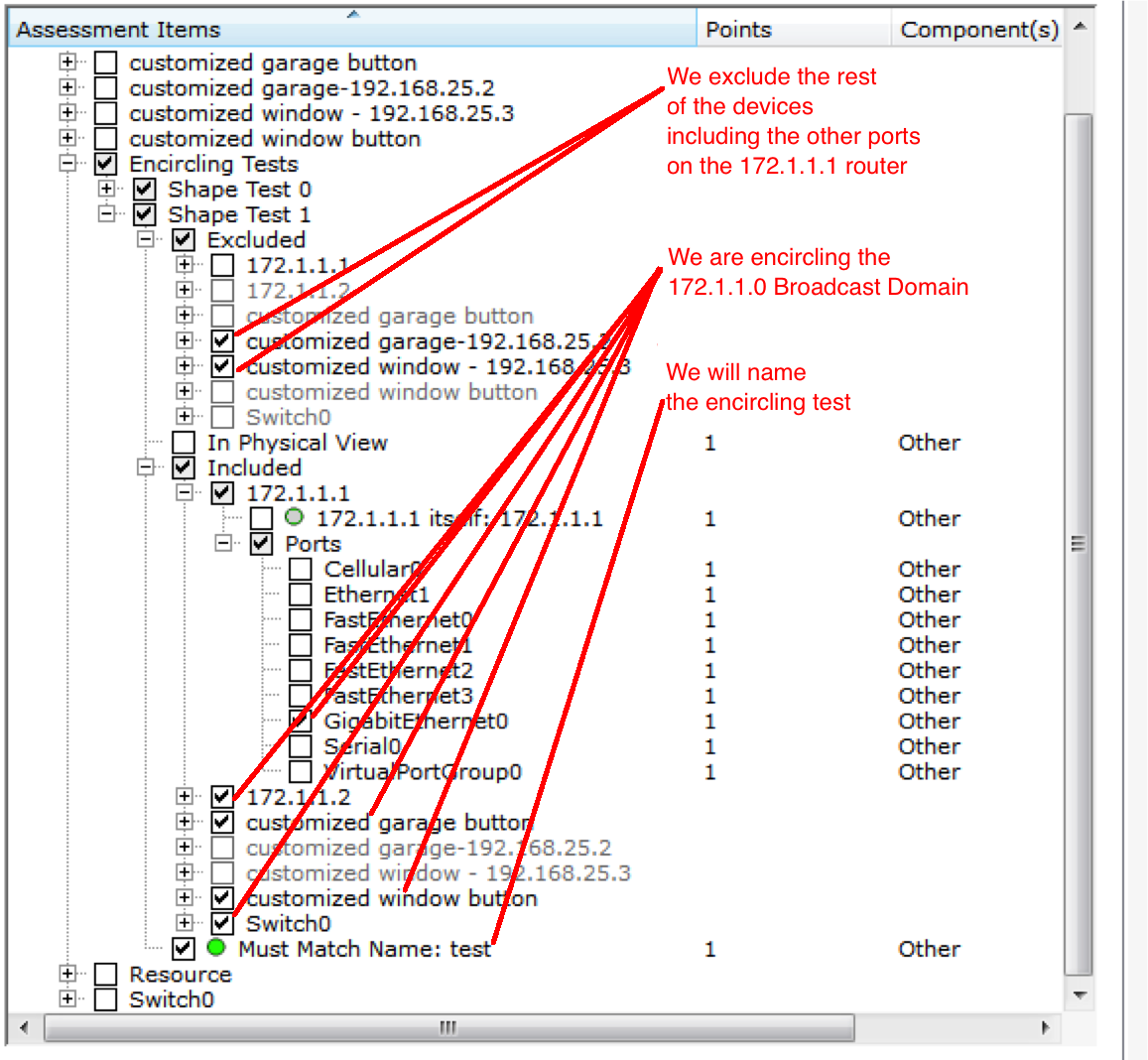 Screenshot of Packet Tracer Activity Wizard Answer Network Assessment Tree tab. The assessment tree has checks on selected assessment items.