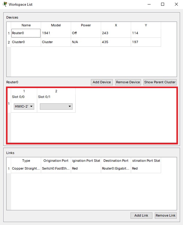 Workspace List full window, device information table highlighted