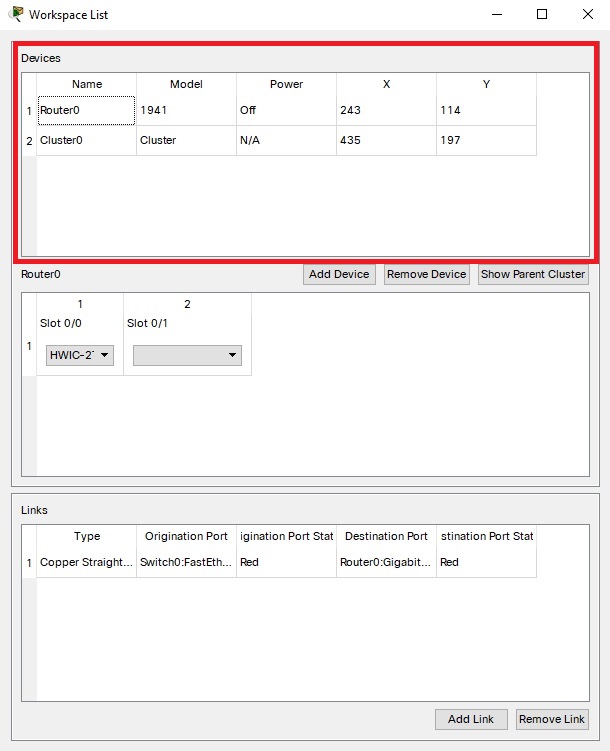 Workspace List full window, devices table highlighted