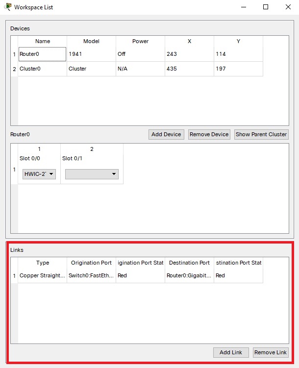 Workspace List full window, links table highlighted